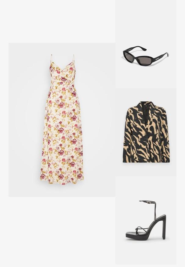 Sort og beige mønstret blazer med spids krave og enkelt knaplukning, lavet af et tekstureret stof med et dristigt dyremønster.; VILA VIURA STRAP DRESS - Maxikjoler - birch; DeeZee Højhælede sandaletter / Højhælede sandaler - black; Sorte solbriller med rektangulært stel, mørke linser, glat plastmateriale og en metalaccent på templet.