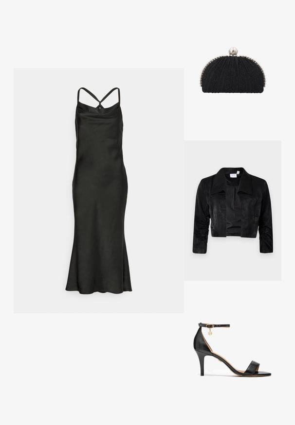 Zwarte cropped jas gemaakt van zachte stof, met een grote kraag, lange mouwen met geplooide accenten en een knooploze sluiting aan de voorkant.; Jarlo Petite BIBI - Cocktailjurk - black; Zwarte leren hoge hak sandaal met een enkele band over de tenen, enkelband, gouden hardware en een slanke stiletto hak.; Zwarte avondclutch met gestructureerde stof, omlijst door een rij kleine parels en een grote parelsluiting bovenop.