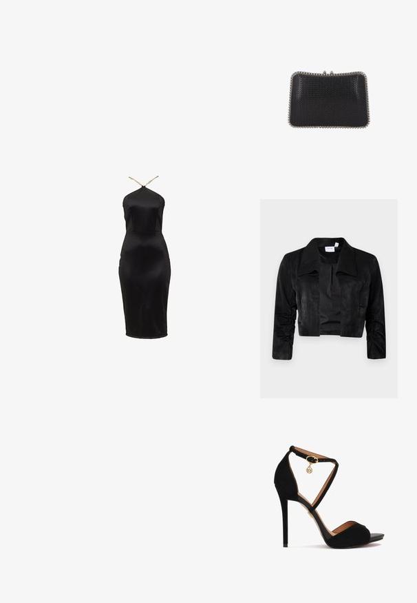 Zwarte cropped jas gemaakt van zachte stof, met een grote kraag, lange mouwen met geplooide accenten en een knooploze sluiting aan de voorkant.; Zwarte satijnen bodycon-jurk met een halternekdesign. Heeft een aansluitend silhouet en een subtiele glans. Dunne gouden bandjes benadrukken de halslijn.; Zwarte suède hoge hak sandaal met gekruiste enkelbandjes, gouden accessoires, open teen ontwerp en een soepele leren inlegzool.; Kleine zwarte textuur clutch portemonnee met zilveren metalen frame en sluiting bovenop, afgebeeld tegen een witte achtergrond.