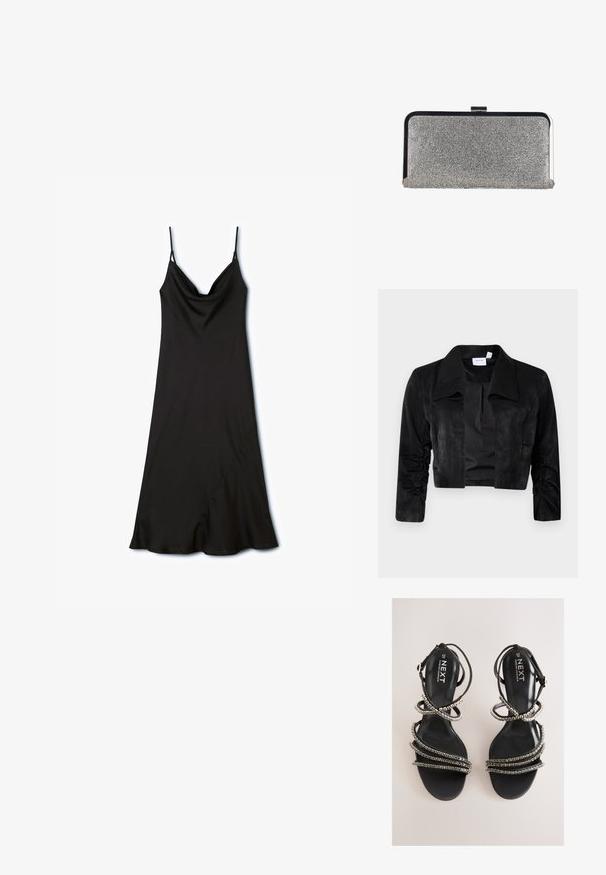 Zwarte cropped jas gemaakt van zachte stof, met een grote kraag, lange mouwen met geplooide accenten en een knooploze sluiting aan de voorkant.; Zwarte slipdress met verstelbare spaghetti-bandjes, een cowl-halslijn en een asymmetrische zoom, gemaakt van soepel, lichtgewicht stof.; Zwarte sandalen met bandjes en metalen accenten. Voorzien van een gladde, gestructureerde voetbed en meerdere versierde bandjes die een gelaagde uitstraling creëren.; Rechthoekige zilveren clutchtas bedekt met kleine strass-steentjes, met een zwart-zilveren metalen frame en een sluiting met gesp.