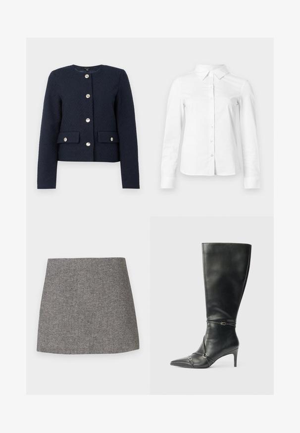 Diepblauwe textuurjas met ronde hals, lange mouwen, vier zilveren knopen aan de voorkant en twee klepzakken met knoopsluitingen.; Witte blouse met lange mouwen en knopen, met puntige kraag, rechte zoom en aansluitende silhouet, weergegeven op een effen lichte achtergrond.; Rok met visgraatmotief in grijze stof, met een aansluitende pasvorm, een gladde textuur en een nette, rechte zoom.; Zwarte leren kniehoge laarzen met een slanke hak, puntige neus en banddetail bij de enkel. Gladde textuur en aansluitend ontwerp.