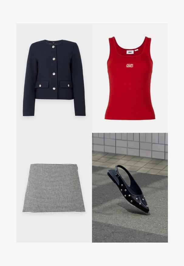 Chaqueta texturizada azul marino con cuello redondo, mangas largas, cuatro botones plateados en el frente, y dos bolsillos con solapa y cierre de botón.; Top de tirantes rojo con canalé, un escote redondo y tirantes anchos, que presenta un logo bordado "OBEY" en blanco en la parte frontal central.; Falda mini en línea A con estampado de cuadros en blanco y negro y cierre de cremallera lateral sobre un fondo liso.; Zapato slingback negro puntiagudo con tachuelas plateadas, flotando sobre el asfalto cerca de una pared con azulejos de fondo.