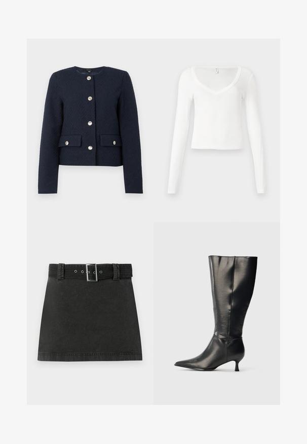 Diepblauwe textuurjas met ronde hals, lange mouwen, vier zilveren knopen aan de voorkant en twee klepzakken met knoopsluitingen.; Witte, langärmelige, V-hals, aansluitende, cropped shirt met een eenvoudige, gladde stoftextuur op een neutrale achtergrond.; Zwarte denim mini-jurk met een bijpassende riem met metallic gesp en riemlussen, plat weergegeven op een witte achtergrond.; Zwarte leren kniehoge laars met puntige neus en lage kittenhak, weergegeven op een effen lichte achtergrond.