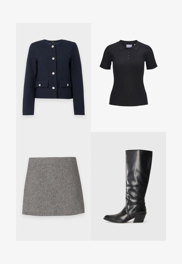 Chaqueta texturizada azul marino con cuello redondo, mangas largas, cuatro botones plateados en el frente, y dos bolsillos con solapa y cierre de botón.; Camiseta tipo polo negra de manga corta con tejido de punto acanalado, cuatro botones y cuello tradicional.; Falda con patrón de espiga en tejido gris, con una silueta entallada, textura suave y bajo limpio y recto.; Bota de cuero negra hasta la rodilla con punta afilada, tacón angular y textura suave. Presenta un sutil acento de costura a lo largo del costado.