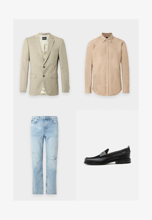 Blazer beige avec une texture lisse, revers crantés, deux poches avant, une poche poitrine unique et boutons marron ; l'intérieur présente un motif léger.; Chemise beige à manches longues avec boutons sur le devant, col boutonné et petit logo brodé sur le côté gauche de la poitrine.; Jean en denim bleu clair avec une coupe droite, fermeture par boutons, poches avant, et petites déchirures usées sur les deux cuisses.; Mocassin en cuir noir avec détail de bride grise, talon bas et semelle texturée, marqué "HUGO" en or sur le côté.