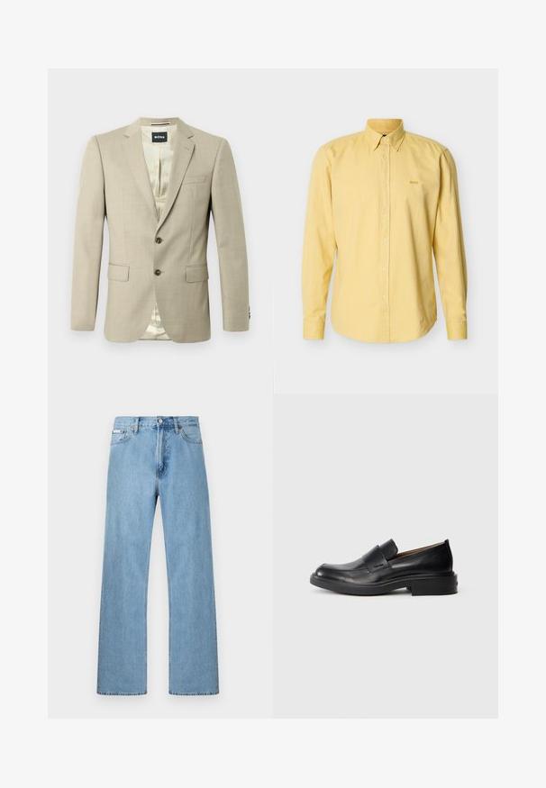 Blazer beige avec une texture lisse, revers crantés, deux poches avant, une poche poitrine unique et boutons marron ; l'intérieur présente un motif léger.; Chemise à manches longues jaune clair avec col boutonné et petit logo brodé "BOSS" sur le côté gauche de la poitrine.; Jean en denim bleu clair coupe droite à cinq poches avec fermeture à boutons à la taille, présenté sur un fond uni.; Chaussure habillée noire en cuir, à enfiler, avec un petit talon et un logo Calvin Klein discret sur le côté, présentée de profil sur un fond blanc.