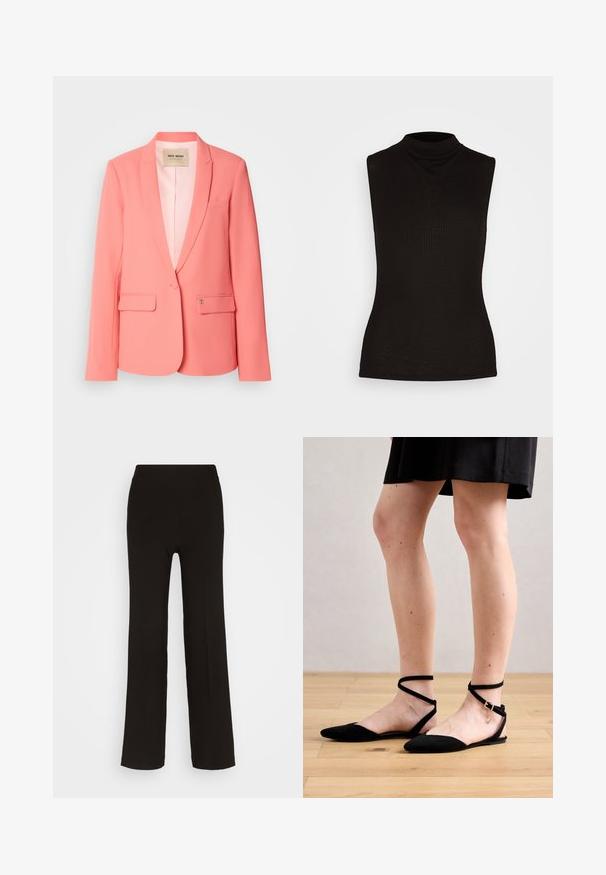 Blazer de color coral con solapa muesca, dos bolsillos frontales, cierre de un botón y una textura suave. Interior forrado con etiqueta de la marca visible.; Top sin mangas de tortuga negro hecho de una tela acanalada, con un cuello alto y una silueta ajustada. Sin patrones ni acentos.; Pantalones de pierna ancha negros, fabricados en una tela suave, con una cinturilla alta ajustada y sin hardware o patrones visibles.; Sandalias planas de ante negro con punta afilada, que cuentan con correas de tobillo que se cruzan y un cierre de hebilla. Textura suave y diseño minimalista.
