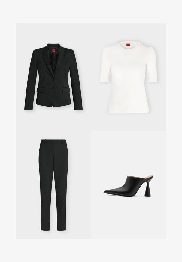 Blazer noir ajusté avec deux boutons, revers crantés, poches à rabat, et une étiquette rouge HUGO à l’intérieur du col.; T-shirt blanc ajusté à manches courtes avec col rond et étiquette de marque rouge à l'intérieur du col.; Pantalon noir slim fit avec passants de ceinture, fermeture éclair devant et jambes droites, présenté sur fond blanc.; Mules en cuir noir avec un bout pointu et un talon conique unique. Texture lisse et design minimaliste, à dos ouvert pour un enfilage facile.