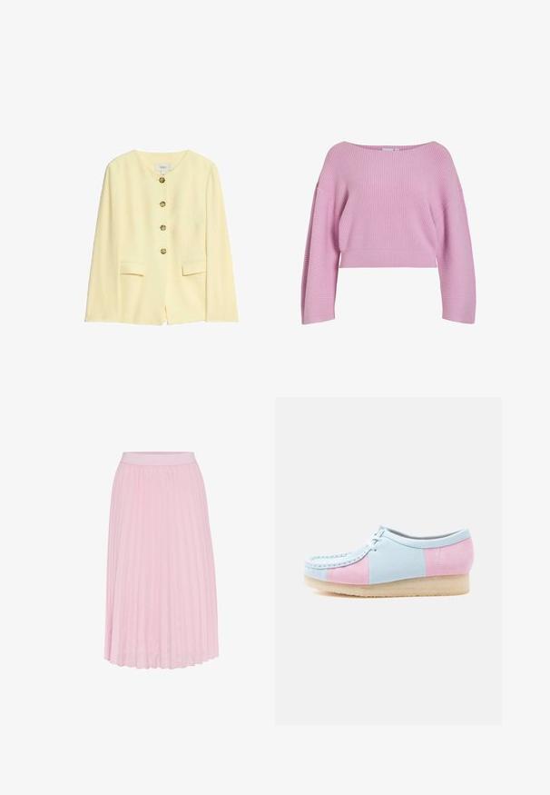 Gul skræddersyet jakke med rund halsudskæring, fem gyldne knapper og sidelommer; glat tekstur og struktureret design.; Afskaffet sweater lavet af ribstrikket stof i pastelpink, med en bred halsudskæring og brede ærmer for en afslappet pasform.; Plisseret midi-skirt i lyserød, med en bred elastisk talje og en glat tekstur. Plisseringerne strækker sig fra taljen til kanten.; Lav sko med pastelblå og lyserøde ruskinds-paneler, beige crepe-sål, rundet tå og hvide snørebånd mod en hvid baggrund.
