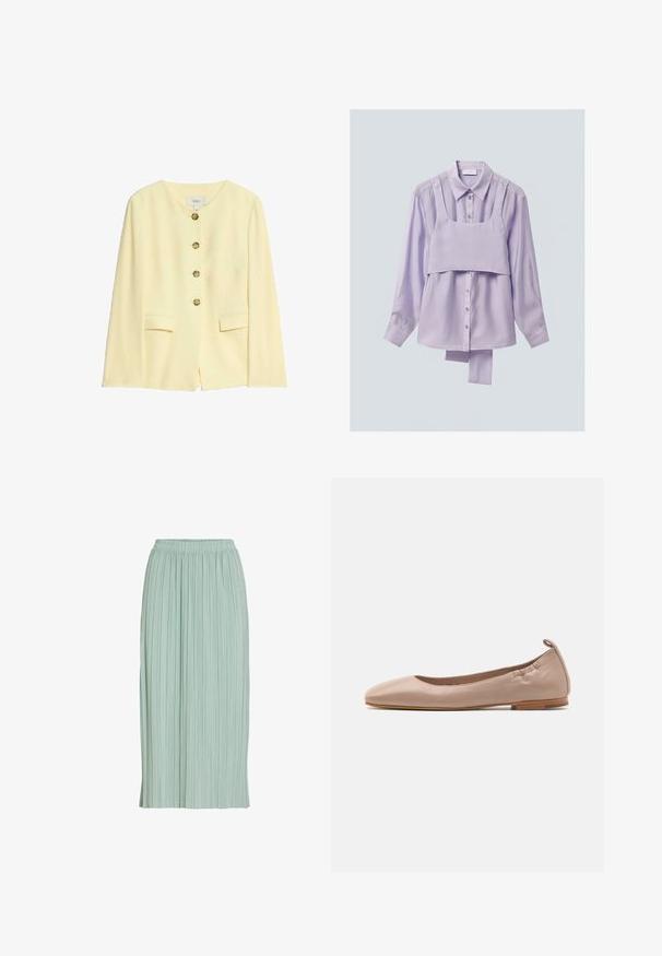 Gul skræddersyet jakke med rund halsudskæring, fem gyldne knapper og sidelommer; glat tekstur og struktureret design.; Lyserød langærmet skjorte med knapper, med påsyet cropped tanktop og ekstra stof, der hænger under skjortens kant.; Lysegrøn plisseret midinederdel med elastisk talje, lige pasform og let stof.; Beige læder ballerinaer med rund tå, blød overflade, elastisk ryg og en lille tan gummihæl. Simpelt og strømlinet design.