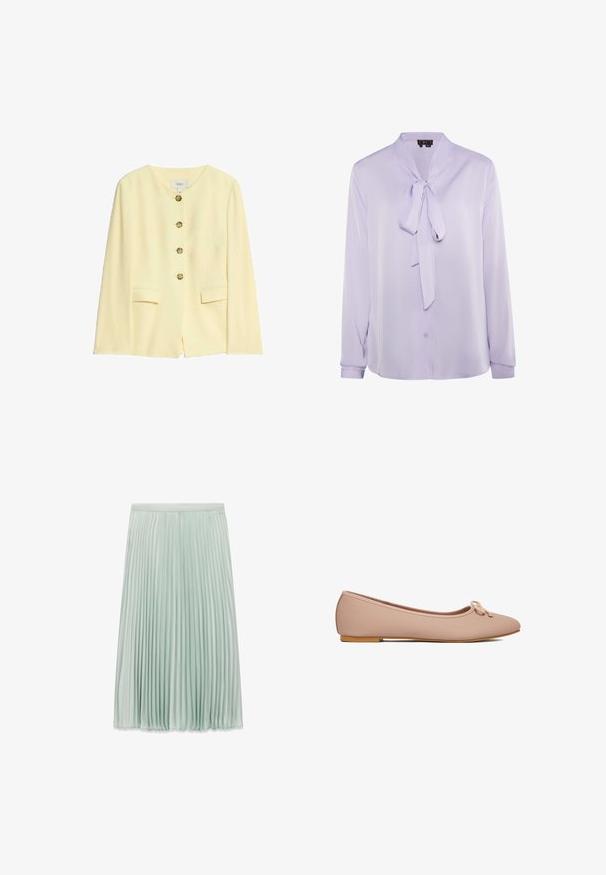 Gul skræddersyet jakke med rund halsudskæring, fem gyldne knapper og sidelommer; glat tekstur og struktureret design.; Lavendelbluse med bindebånd i halsen, lange ærmer og knaplukning. Glat stof med en let glans, der har minimalistiske design detaljer.; Plisseret midi-nederdel i lys mintgrøn med en tæt siddende talje og fine lodrette folder gennem hele stoffet.; Beige tekstureret balletflat med rundet tå, lille sløjfedetalje på toppen og flad lysebrun sål, vist fra siden.