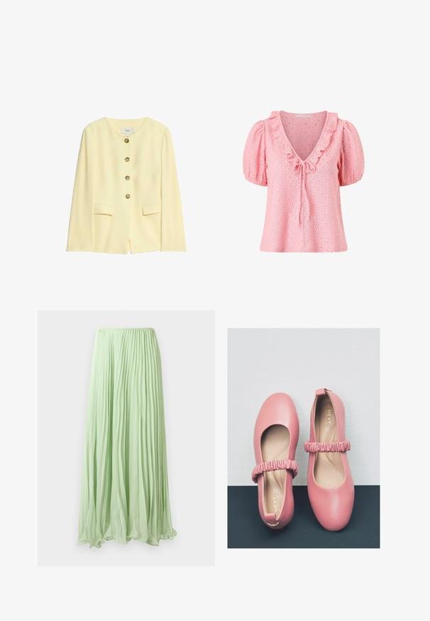 Gul skræddersyet jakke med rund halsudskæring, fem gyldne knapper og sidelommer; glat tekstur og struktureret design.; Pink bluse med korte ærmer med puffede ærmer, tekstureret blomsterblonde stof, flæset V-hals krave og bindedetalje foran.; Lys grøn plisseret lang skirt lavet af let stof med elastisk talje, præsenteret mod en hvid baggrund.; Rosa læder ballet flade sko med en rund tå, der har en rynket rem over instep og en glat inderside.