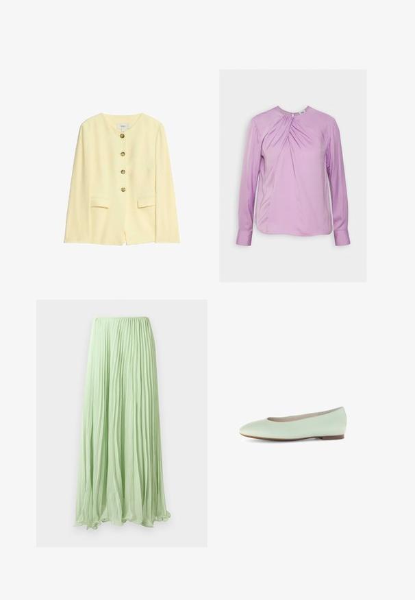 Geel maatjacket met een ronde halslijn, vijf gouden knopen en zijzakken; gladde textuur en gestructureerd ontwerp.; Twist & Tango BRENDA BLOUSE - Blouse - lilac; Lichtgroene geplooide lange rok van lichte stof met elastische tailleband, weergegeven tegen een witte achtergrond.; Licht mintgroene leren ballerina met een ronde neus, minimalistisch ontwerp en een platte zool, met een gladde textuur en zonder versieringen.