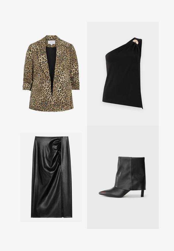 Blazer en imprimé léopard avec un design à boutonnière unique, des revers pointus, deux poches avant et une texture lisse dans des tons de beige et de noir.; Haut noir asymétrique sans manches avec détail de boucle circulaire dorée sur la bretelle, tissu lisse, silhouette ajustée.; Jupe en cuir noir avec une texture lisse, présentant une section froncée sur un côté et une fente sur le côté pour un détail supplémentaire.; Bottine noire en cuir lisse avec un bout pointu et un talon effilé. La tige présente un design légèrement froncé.