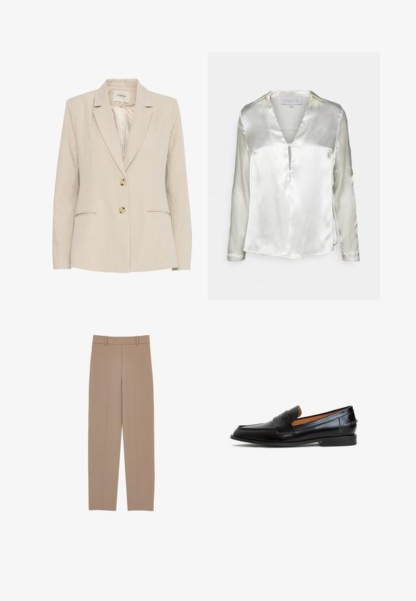 Blazer beige con cuello muesca, dos botones y bolsillos laterales. Fabricado en una tela suave, presenta sutiles acentos de costura.; STUDIO ID ALYSSA - Blusa - champagne; Pantalones beiges de diseño a medida con pernera recta, que presentan un frente plisado, trabillas para cinturón y detalles de costura sutiles. Tela suave y ligera.; Mocasines de cuero negro con un diseño elegante, que presentan una correa ancha en el empeine, puntera redondeada y suela plana. Textura suave con costuras mínimas.