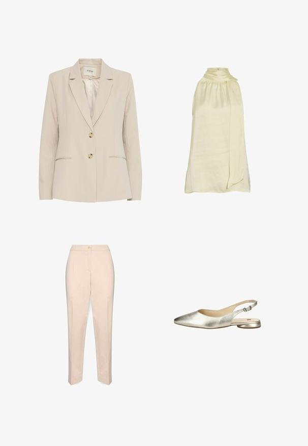 Blazer beige con cuello muesca, dos botones y bolsillos laterales. Fabricado en una tela suave, presenta sutiles acentos de costura.; Blusa sin mangas de satén crema con cuello alto fruncido y larga cinta de tela que cae por un lado.; Pantalones beige a medida con cintura alta, cierre frontal con botones y corte de pierna recta, mostrados sobre un fondo blanco.; Zapato plano metálico plateado con tacón posterior y punta puntiaguda, con correa de hebilla, diseñado para uso formal o casual femenino.