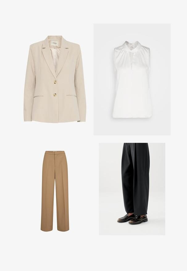 Bež bleiser, millel on soonikuga krae, kaks nuppu ja küljetaskud. Valmistatud siledast kangast, omab peeneid õmblusaktsente.; Anna Field by Zalando Topp - off-white; Laiad püksid tan värvuses kangas, millel on lame esikülg ilma nähtavate taskuteta, kohandatud disain ja sile tekstuur.; Mustad läikiva nahaga loaferid, millel on peal dekoratiivne rihm, sobitatud lahtiste mustade pükstega.