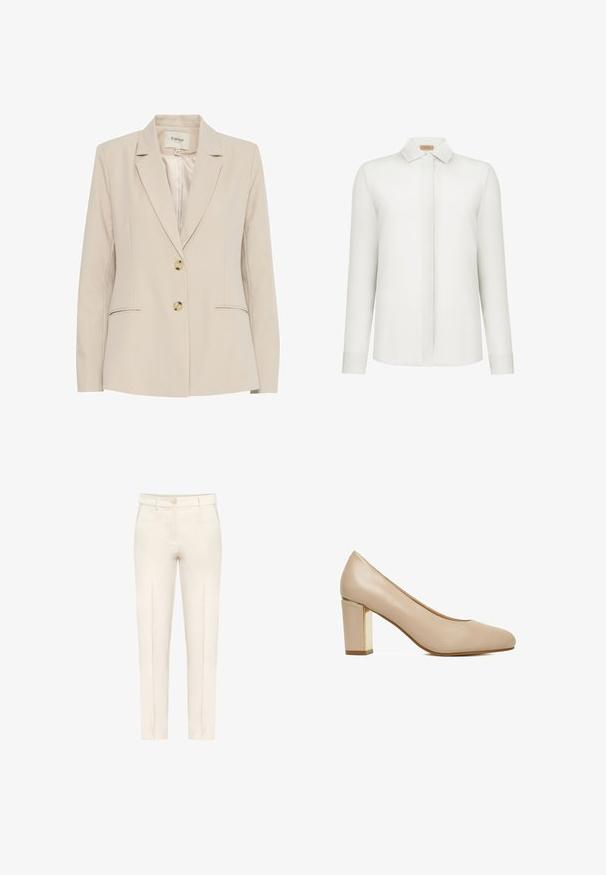 Beige blazer med en notch-krave, to knapper og sidelommer. Fremstillet af glat stof, har diskrete syninger som detaljer.; Hvid langærmet skjorte med skjulte knapper, klassisk krave og lige kant, vist på en ensfarvet baggrund.; Kræmmerhusefarvede skræddersyede bukser med frontplisseringer, bæltestropper, sidelommer og knaplukning ved taljen.; Beige damesko med rund tå og blokhæl med en gylden metalaccent.