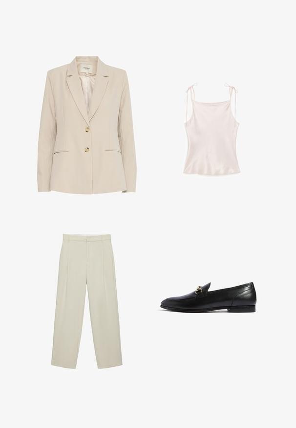 Beige blazer med en notch-krave, to knapper og sidelommer. Fremstillet af glat stof, har diskrete syninger som detaljer.; Sart lyserød camisole-top med tynde skulderstropper bundet i sløjfer, glat tekstur og let udvidet kant.; Beige højtaljede skræddersyede bukser med sidelommer, bæltestropper og lynlås foran, i en rette bukseben pasform.; Scarosso ALESSANDRA - Loafers - black calf