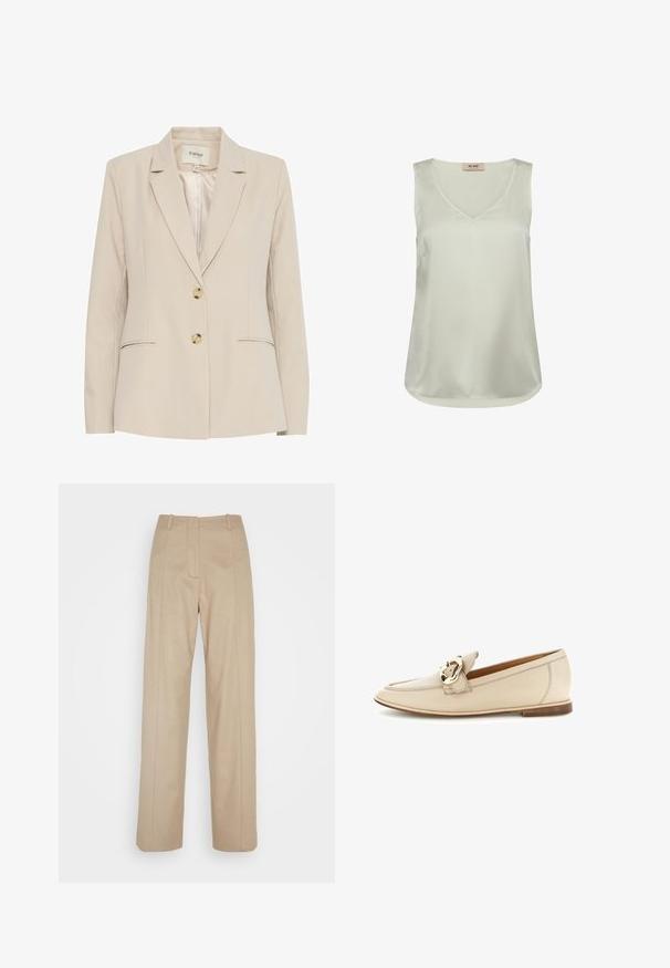 Blazer beige con cuello muesca, dos botones y bolsillos laterales. Fabricado en una tela suave, presenta sutiles acentos de costura.; Blusa sin mangas de satén color beige claro con escote en V y dobladillo redondeado, con una pequeña etiqueta en la parte posterior del cuello interior.; Calvin Klein TAILORED STRAIGHT PANT - Pantalones - cinder; Mocasín de cuero beige con tacón bajo y detalle de hebilla dorada en la parte superior, presentado sobre un fondo blanco.
