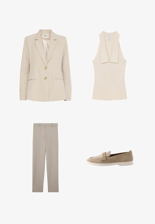 Blazer beige con cuello muesca, dos botones y bolsillos laterales. Fabricado en una tela suave, presenta sutiles acentos de costura.; Top beige sin mangas de punto con cuello amplio tipo chal y cintura ajustada, etiquetado con la marca "REISS" en el escote.; Pantalones beige claro de pernera recta con trabillas para cinturón y cierre frontal con cremallera, mostrados sobre un fondo blanco.; Mocasín beige de ante sin cordones con suela de goma blanca y una correa decorativa en la parte superior.