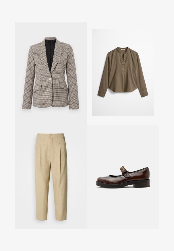 Μπλέιζερ με μοτίβο houndstooth σε καφέ και μαύρο, με ένα χρυσό κουμπί, δύο μπροστινές τσέπες και καλοσχηματισμένο γιακά. Εσωτερική επένδυση.; Καφέ μακρυμάνικη casual μπλούζα με γιακά μανταρίνι, πιέτα μπροστά και ελαφρώς καμπυλωτό τελείωμα, απλωμένη επίπεδη σε λευκό φόντο.; Μπεζ λινές παντελόνες με χαλαρή εφαρμογή, που διαθέτουν πτυχώσεις στο μπροστινό μέρος, ζώνη στη μέση και κομμένα πόδια που τελειώνουν λίγο πάνω από τον αστράγαλο.; Σκούρο καφέ παπούτσι Mary Jane με γυαλιστερό φινίρισμα, στρογγυλεμένη μύτη, χαμηλό χοντρό τακούνι και χρυσή αγκράφα πάνω από τον αστράγαλο.