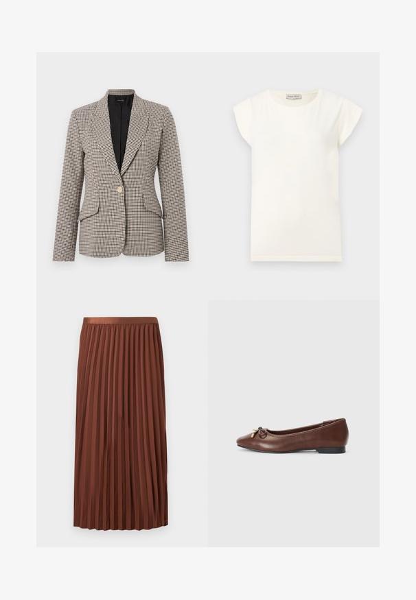 Μπλέιζερ με μοτίβο houndstooth σε καφέ και μαύρο, με ένα χρυσό κουμπί, δύο μπροστινές τσέπες και καλοσχηματισμένο γιακά. Εσωτερική επένδυση.; Λευκό κοντομάνικο μπλουζάκι με στρογγυλή λαιμόκοψη και άνετη εφαρμογή. Κατασκευασμένο από μαλακό ύφασμα, με λεία υφή και μινιμαλιστικό σχέδιο.; Καφέ midi μήκους φούστα με πιέτες και ελαστική μέση, κρεμασμένη επίπεδη πάνω σε λευκό φόντο.; Καφέ δερμάτινη μπαλαρίνα με στρογγυλή μύτη, μικρό μαύρο τακούνι και διακοσμητική κορδέλα με χρυσές λεπτομέρειες μπροστά. Λείο υφή.