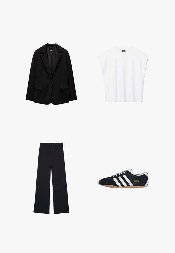 Blazer noir en tissu lisse avec une fermeture à bouton unique, des revers crantés et deux poches avant. Design minimaliste, coupe ajustée.; Haut court blanc sans manches à encolure ronde avec épaules larges et étiquette noire "B6" à l'intérieur du col.; Pantalon noir à jambes larges avec passants de ceinture, bouton frontal et fermeture éclair, étalé à plat sur un fond blanc.; Sneakers en suede noir avec trois bandes blanches, logo doré et semelle en caoutchouc marron. Présente un design à lacets à profil bas.