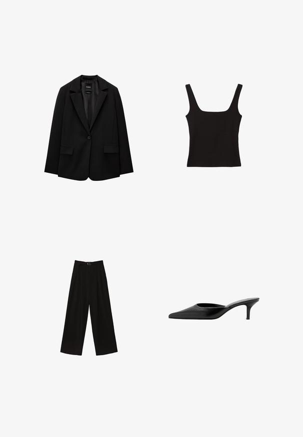 Blazer noir en tissu lisse avec une fermeture à bouton unique, des revers crantés et deux poches avant. Design minimaliste, coupe ajustée.; Top noir sans manches avec un décolleté carré, fabriqué en coton lisse, doté de bretelles épaisses et d'une silhouette ajustée.; Pantalons larges noirs à taille haute, dotés d'une ceinture à la taille et de plis pour ajouter de la texture. Fabriqués dans un tissu lisse et léger.; Mule en cuir noir à bout pointu, avec un petit talon fin et un design sans contrefort pour enfiler facilement.