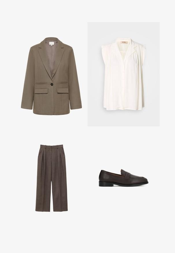 Blazer marron à coupe ajustée, avec col cranté, deux poches avant et une fermeture à un bouton. Tissu lisse avec une texture subtile.; Blouse sans manches blanche avec col, fermeture à boutons sur le devant et détails plissés aux épaules. Texture douce et design fluide.; Pantalon marron taille haute à jambes larges avec passants de ceinture, plis à l'avant et poches latérales, présenté sur un fond blanc.; Mocassins en cuir marron avec une finition lisse, un bout arrondi et un détail décoratif à l'avant. Semelle robuste et légère élévation du talon.
