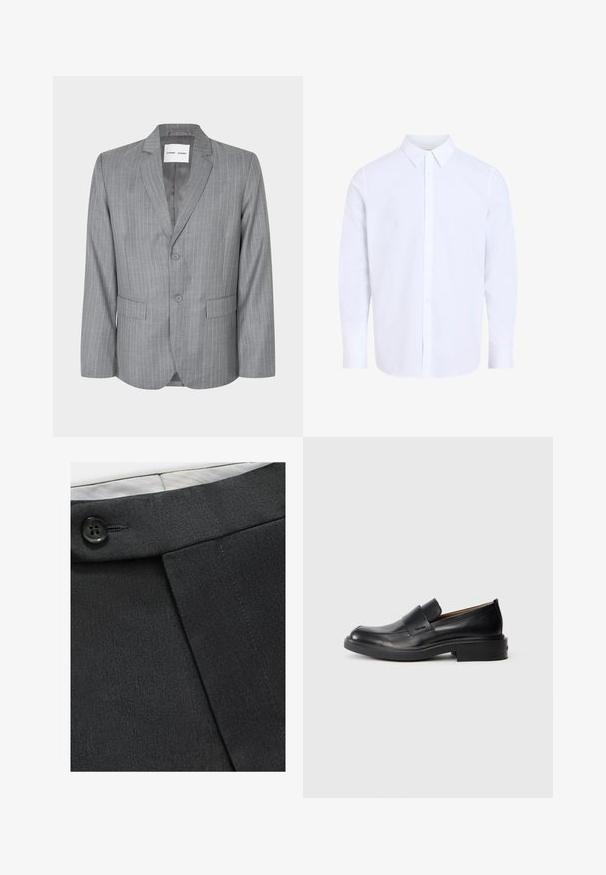 Blazer gris à rayures fines avec un design à boutonnage simple, deux poches avant et un col cranté. Doublure intérieure lisse, fermeture à deux boutons.; Chemise blanche à manches longues avec col classique, en tissu lisse, avec une patte de boutonnage devant et un ourlet arrondi.; Pantalons noirs ajustés en tissu lisse, dotés d'un détail de bouton à la taille et d'un design plissé pour une forme structurée.; Chaussure habillée noire en cuir, à enfiler, avec un petit talon et un logo Calvin Klein discret sur le côté, présentée de profil sur un fond blanc.