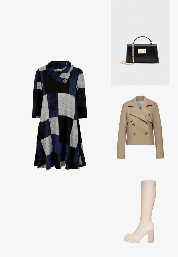 Chaqueta de lana beige de doble botonadura con cuello muesca, mangas largas y dos botones grandes. Presenta bolsillos delanteros con solapa y un corte entallado.; Apricot BLOCK SWING - Vestido ligero - teal; Bota de cuero beige hasta la rodilla con tacón grueso y texturizado, punta redondeada y un acabado suave. Presenta una parte superior cosida y una suela de plataforma.; Bolso de mano de cuero negro con una forma estructurada, que cuenta con un asa superior y una correa de cadena en tono dorado. Herrajes decorativos dorados con detalle de logo.