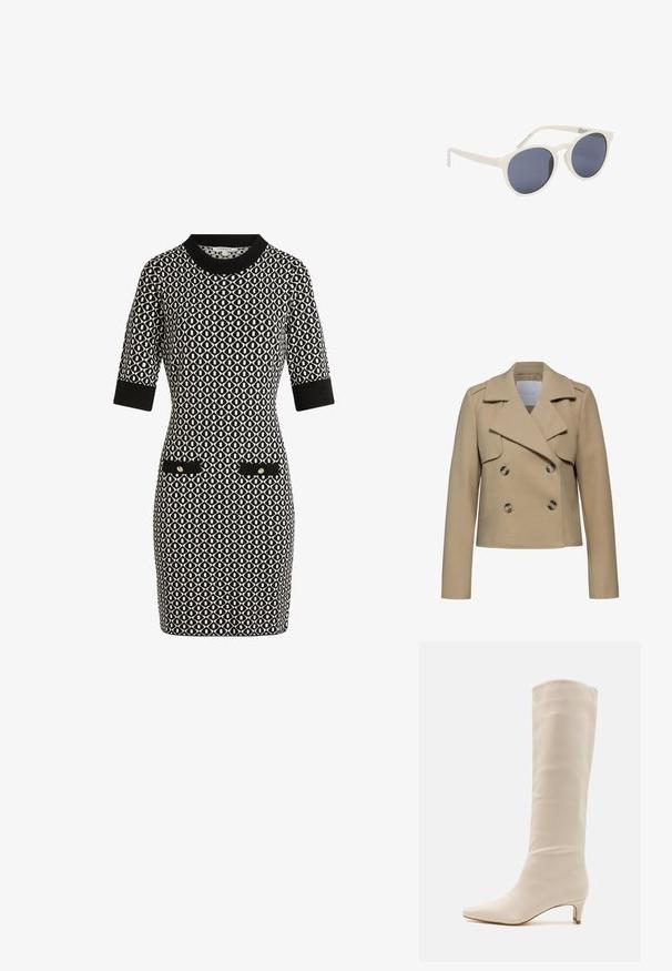 Chaqueta de lana beige de doble botonadura con cuello muesca, mangas largas y dos botones grandes. Presenta bolsillos delanteros con solapa y un corte entallado.; Vestido de manga corta, con un patrón en blanco y negro, escote redondo, dos bolsillos frontales con detalles en dorado y una silueta ajustada.; RAID LAYLA - Botas - off white; Gafas de sol blancas con montura redonda, lentes tintadas oscuras y patillas ligeramente curvadas, descansando sobre una superficie blanca.