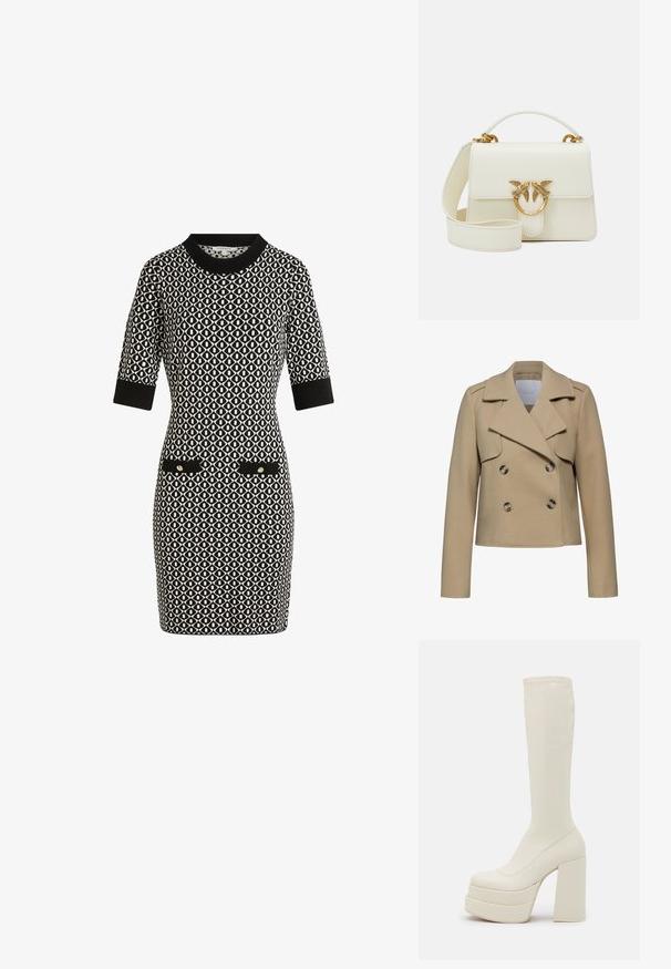 Chaqueta de lana beige de doble botonadura con cuello muesca, mangas largas y dos botones grandes. Presenta bolsillos delanteros con solapa y un corte entallado.; Vestido de manga corta, con un patrón en blanco y negro, escote redondo, dos bolsillos frontales con detalles en dorado y una silueta ajustada.; Steve Madden CYPRESS - Botas con plataforma - off white; Bolso de cuero blanco con forma estructurada; cuenta con un acento de hardware ovalado en tono dorado con motivos de aves y una correa de hombro desmontable.
