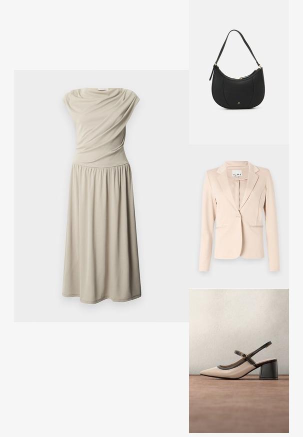 Beige blazer med enkelt knap, notched revers, lange ærmer og to forlommer, hængende mod en ensfarvet baggrund.; Ærmeløs beige midi-kjole med indsnævret talje og draperede stofdetaljer på overdelen, vist på en ensfarvet hvid baggrund.; Beige høje hæle slingback-sko med spids tå, sort kant og spænde detalje. Glat materiale med mat finish, mellemstor blokhæl.; Sort læderhåndtaske med en buet form, struktureret overflade, forreste syninger og et logo i guldfarve. Har en enkelt justerbar rem.