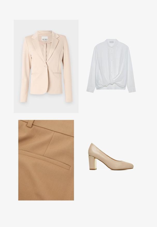 Beige blazer med enkelt knap, notched revers, lange ærmer og to forlommer, hængende mod en ensfarvet baggrund.; Hvid langærmet skjorte med krave, knaplukning foran og snoet knudedetalje i kanten. Glat stof med en afslappet pasform.; Nærbillede af beige stof med en vandret paspoleret lomme og syede sømdetaljer på skræddersyet tøj.; Beige damesko med rund tå og blokhæl med en gylden metalaccent.