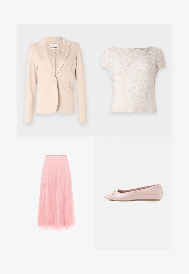 Beige blazer med enkelt knap, notched revers, lange ærmer og to forlommer, hængende mod en ensfarvet baggrund.; Blonde lace-top i lys beige, med blomsterapplikationer over stoffet, korte ærmer og rund halsudskæring. Tekstureret og delikat design.; zero MIT PLIESSENDEM BECHER - Pliceret nederdel /Nederdele med folder - bridal rose; Rosa lakballetsko med spids tå og en dekorativ sløjfe foran. Har en flad sål og sømløst design.