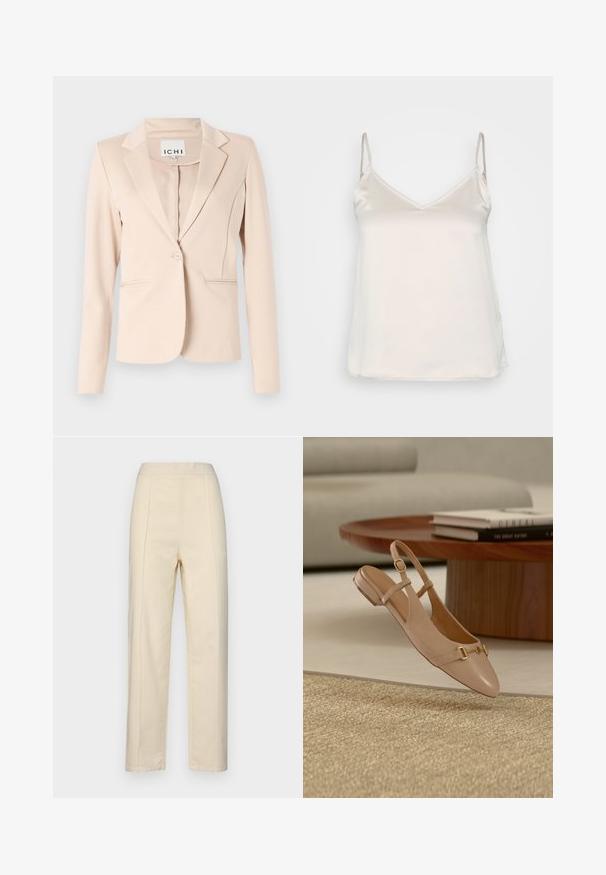 Blazer beige à bouton unique avec revers crantés, manches longues et deux poches passepoilées à l'avant, suspendu devant un fond uni.; Camisole beige soyeux avec des bretelles fines réglables et un décolleté en V subtil, présentant une surface lisse et non texturée.; Pantalons droits couleur crème en coton, avec des plis sur le devant, une texture lisse et une taille sans matériel visible.; Chaussure plate beige en cuir à bride arrière avec détail de boucle dorée, positionnée en plein air au-dessus d'un tapis tissé, d'une table basse en bois et de livres empilés en arrière-plan.