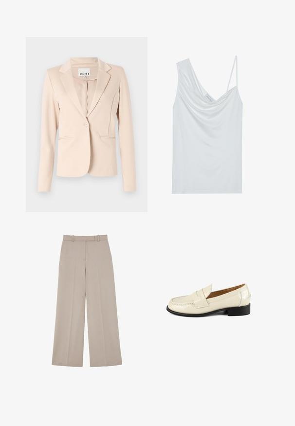 Beige blazer med enkelt knap, notched revers, lange ærmer og to forlommer, hængende mod en ensfarvet baggrund.; Hvid cami-top med draperet halsudskæring, tynde justerbare stropper og en glat tekstur. Indeholder et mærke, der angiver "ANNA FIELD."; Beige vidde bukser med skjult frontlukning og sidelommer, designet til et formelt eller business casual look.; Beige patent læder loafers med en rund tå og dekorative syninger. Har en lav sort hæl og slip-on design.