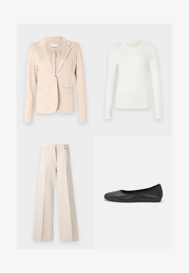 Beige blazer med enkelt knap, notched revers, lange ærmer og to forlommer, hængende mod en ensfarvet baggrund.; Langærmet hvid t-shirt lavet af blødt stof, med rund halsudskæring og et tætsiddende snit. Minimalistisk design uden mønstre eller accenter.; Beige højtaljede brede bukser med frontknap, lynlås, bæltestropper og sidelommer på en lys baggrund.; Sort læderballetsko med rund tå, glat tekstur, minimal syning og et fleksibelt såldesign.