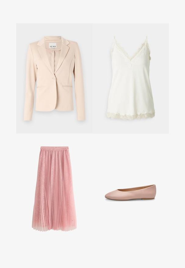 Beige blazer med enkelt knap, notched revers, lange ærmer og to forlommer, hængende mod en ensfarvet baggrund.; Hvid camisol med V-udskæring, delikat blondekant langs stropperne og kanten, samt en glat, blød tekstur. Letvægtsstof.; Rosa plisseret midi-nederdel med et lag af blonder under og en rynket talje, vist på en hvid baggrund.; Lyserød ballerina i læder med spids tå, glat tekstur, få detaljer og en solid lys brun sål. Enkelt design uden pynt.