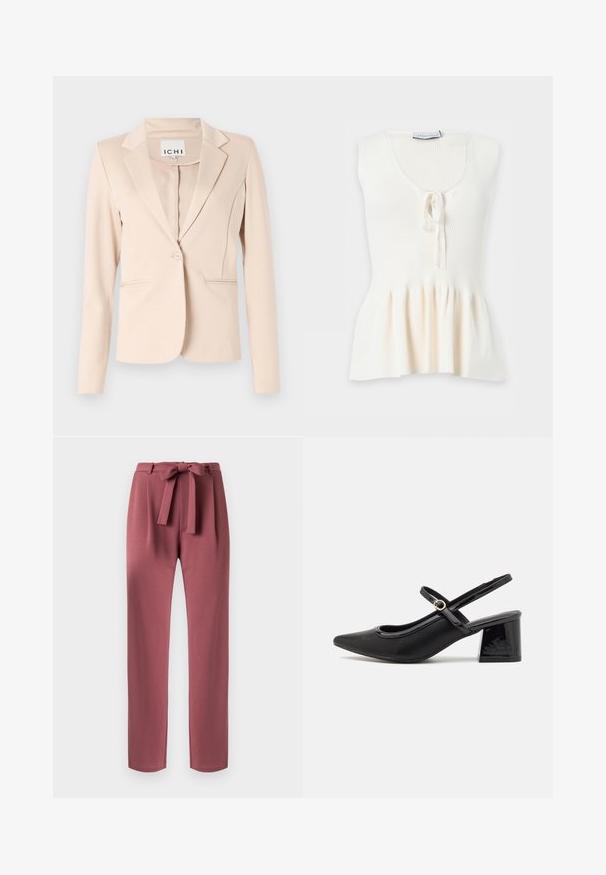 Beige blazer med enkelt knap, notched revers, lange ærmer og to forlommer, hængende mod en ensfarvet baggrund.; Hvid ærmeløs strik top med ribbet øverste sektion, rund halsudskæring, bindedetalje foran og udvidet kant.; Bukser med lige ben i mauve farve med stofbælte bundet i sløjfe i taljen og frontplisseringer.; Sorte patentlæder slingback hæle med spids tå, rund udskæring og blokhæl. Har en guldtonet spændeaccents.