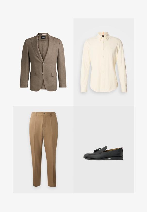 Blazer marrón hecho de tejido texturizado, con solapa muesca, dos bolsillos frontales y un cierre de un solo botón. Dos botones en las muñecas.; Camisa de manga larga, tipo botoné, en algodón color beige claro; cuenta con un cuello clásico y un pequeño detalle de logo en la parte superior izquierda del pecho.; Pantalones marrones a medida con corte recto, pinzas simples, trabillas para cinturón y cierre frontal con botón. Tela suave con una textura mate.; Mocasín negro de cuero para hombre con borlas, punta redonda, tacón bajo y pestaña para tirar en la parte trasera, mostrado de perfil lateral sobre un fondo gris claro.