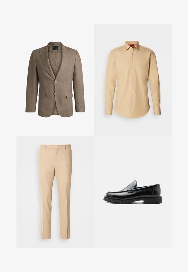 Brun blazer lavet af tekstureret stof, med revers, to frontlommer og enkeltknaplukning. To knapper på ærmerne.; Beige skjorte med knapper lavet af glat stof, med klassisk krave, lange ærmer og subtil tekstur med hvide knapper.; Beige skræddersyede bukser med en struktureret stof, lige ben-design, frontklapper og en enkelt knaplukning i taljen.; Sort læderloafer med chunky gummisål, syet overdel og præget mærkenavn på hælen, vist i sideprofil på hvid baggrund.