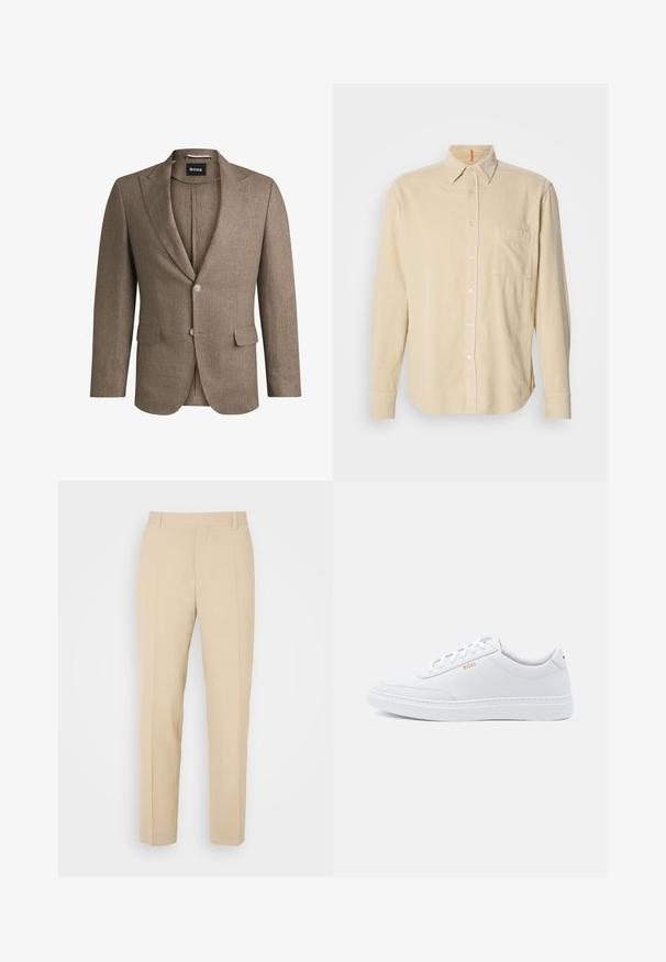 Blazer marrón hecho de tejido texturizado, con solapa muesca, dos bolsillos frontales y un cierre de un solo botón. Dos botones en las muñecas.; Camisa de manga larga de pana beige con cuello, bolsillo frontal, cierre de botones y textura de líneas verticales. Dobladillo redondeado y puños con botones.; Pantalones de color beige ajustados con un diseño de pierna recta, elaborados en una tela ligera, que presentan dos bolsillos frontales y pliegues bien planchados.; Zapatillas de cuero blanco con textura suave, puntera redondeada y costuras tonales. Cuentan con cordones azules y un logo dorado en el lateral.