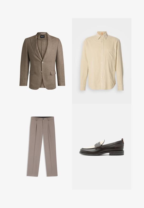 Blazer marrón hecho de tejido texturizado, con solapa muesca, dos bolsillos frontales y un cierre de un solo botón. Dos botones en las muñecas.; Camisa de manga larga de pana beige con cuello, bolsillo frontal, cierre de botones y textura de líneas verticales. Dobladillo redondeado y puños con botones.; Pantalones de hombre a medida de color marrón claro con trabillas para cinturón, pliegues, botón frontal y cremallera, colocados planos sobre un fondo blanco.; Mocasín para hombre de cuero marrón oscuro con panel de tela crema y detalle clásico de correa cosida, suela plana y asa en el talón.