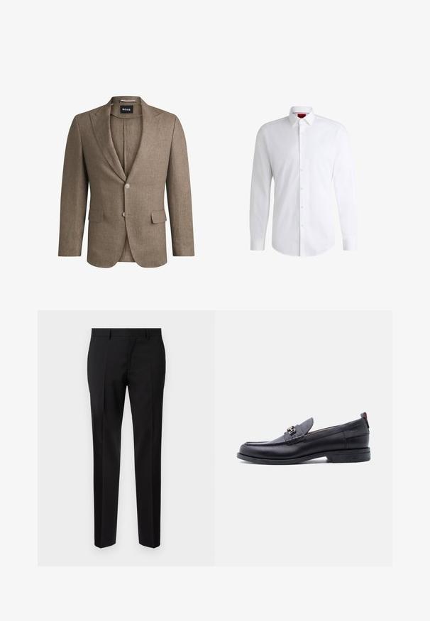 Hnedý blazer z textúrovanej tkaniny, s výstrihom do tvaru V, dvoma prednými vreckami a zapínaním na jeden gombík. Dva gombíky na manžetách.; Biela košeľa na gombíky vyrobená z hladkej látky s klasickým golierom, dlhými rukávmi a zaobleným lemom. Má béžové gombíky na prednej strane.; Čierne upravené nohavice vyrobené z hladkej tkaniny, s rovnými nohavicami, rafinovanými záhybmi a klasickým pásom s pútkami na opasok.; Čierne kožené mokasíny so sivým štruktúrovaným priehlavkom, detailom so striebornou kovovou prackou, nízkym opätkom a pútkom vzadu.