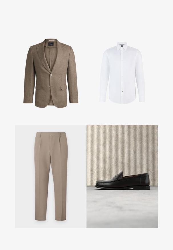 Brun blazer lavet af tekstureret stof, med revers, to frontlommer og enkeltknaplukning. To knapper på ærmerne.; Hvid langærmet skjorte lavet af glat stof med knaplukning foran, spidse kraver og buet kant. Bemærkelsesværdig knap med logo.; Bukser i lysebrunt stof med en glat tekstur, der har en skræddersyet design, frontfoldninger og en slank pasform, der slutter ved anklerne.; Sort læder penny loafer med lav hæl, rundet tå og syningsdetaljer langs fronten og siderne, vist på neutral baggrund.