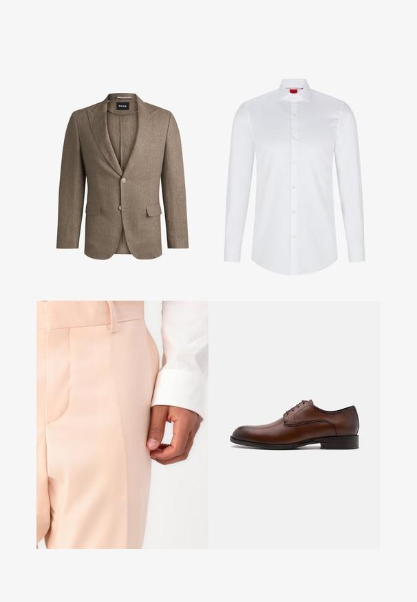 Blazer marrón hecho de tejido texturizado, con solapa muesca, dos bolsillos frontales y un cierre de un solo botón. Dos botones en las muñecas.; Camisa blanca de manga larga con botones, hecha de algodón suave. Presenta un cuello clásico, una botonera completa y un dobladillo redondeado.; Pantalones de corte ajustado en rosa pálido con una textura suave, que cuentan con un bolsillo lateral y un lazo para cinturón, combinados con un puño de camisa blanca.; Zapato de vestir de cuero marrón con un diseño elegante, punta redonda, cierre de cordones de cinco ojetes y un tacón bajo apilado. Presenta costuras sutiles.