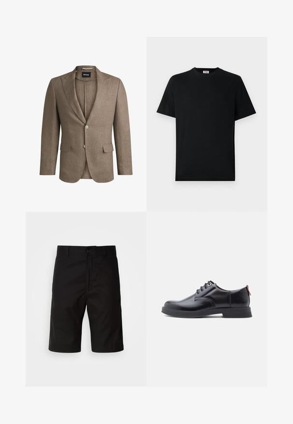 Brun blazer lavet af tekstureret stof, med revers, to frontlommer og enkeltknaplukning. To knapper på ærmerne.; Simpel sort kortærmet T-shirt med rund hals, præsenteret fladt mod en hvid baggrund, med et lille mærke syet ind i kraven.; Sorte shorts lavet af ensartet stof, med lige snit, knaplukning og en glat tekstur uden synlige mønstre.; Sorte snørestøvler i læder med glat tekstur, rundet tå og diskrete syningsdetaljer. Har en rød trækflig på hælen.